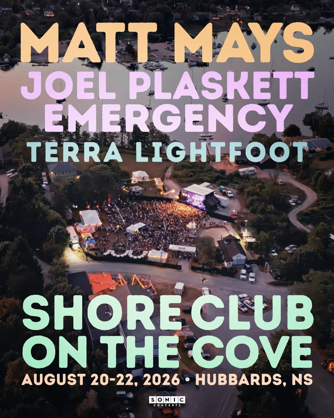 Aerial view of a packed Shore Club concert beside the cove, with Matt Mays, Joel Plaskett Emergency and Terra Lightfoot named above it